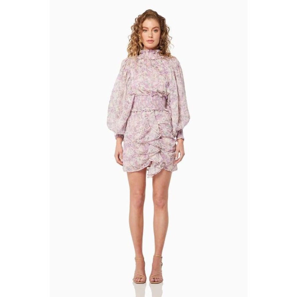 Elliatt Resorts Mini Dress Medium Lilac Multi Floral Embroidered Smocked Cottage